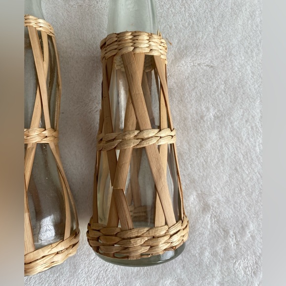 Set Of 4 Wicker Rattan Wrapped Bud Vases Clear‎ Glass Coastal Boho Neutral Decor - Picture 7 of 12